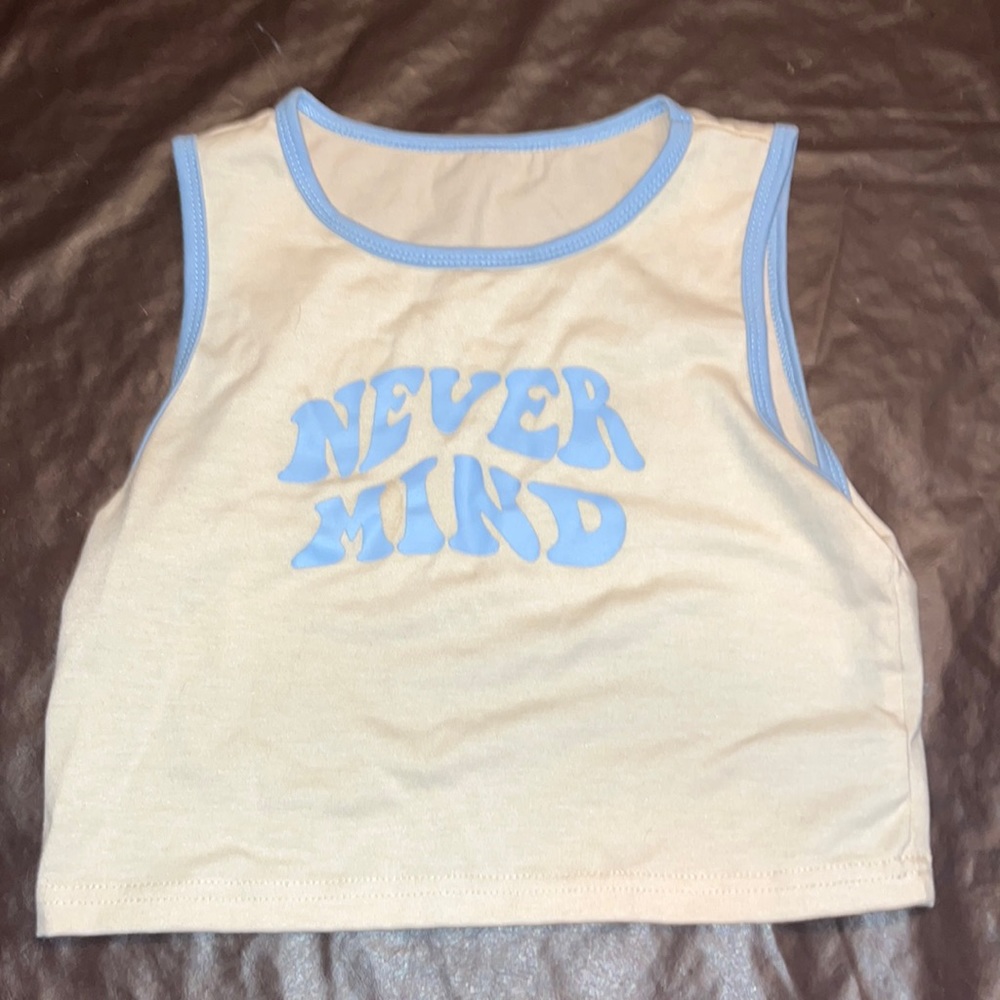 Tan and blue high neck crop top